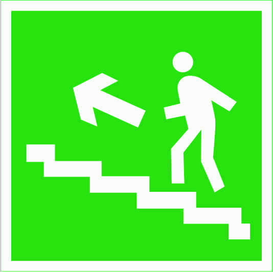 Знак "Направление к эвакуационному выходу по лестнице вверх, левая" наклейка 200х200 мм