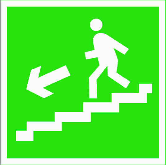 Знак "Направление к эвакуационному выходу по лестнице вниз, левая" наклейка 200х200 мм