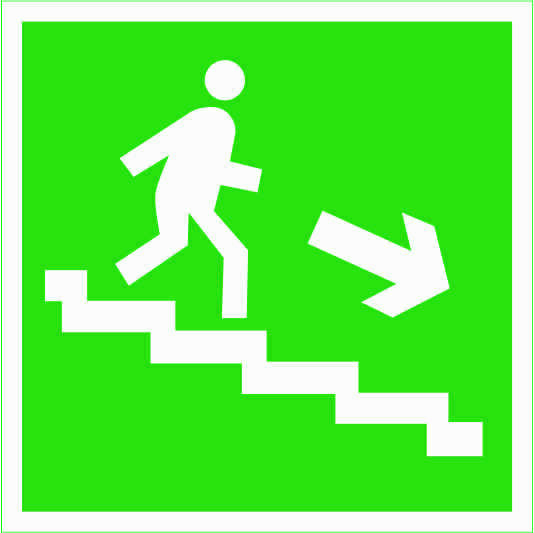 Знак "Направление к эвакуационному выходу по лестнице вниз, правая" наклейка 200х200 мм